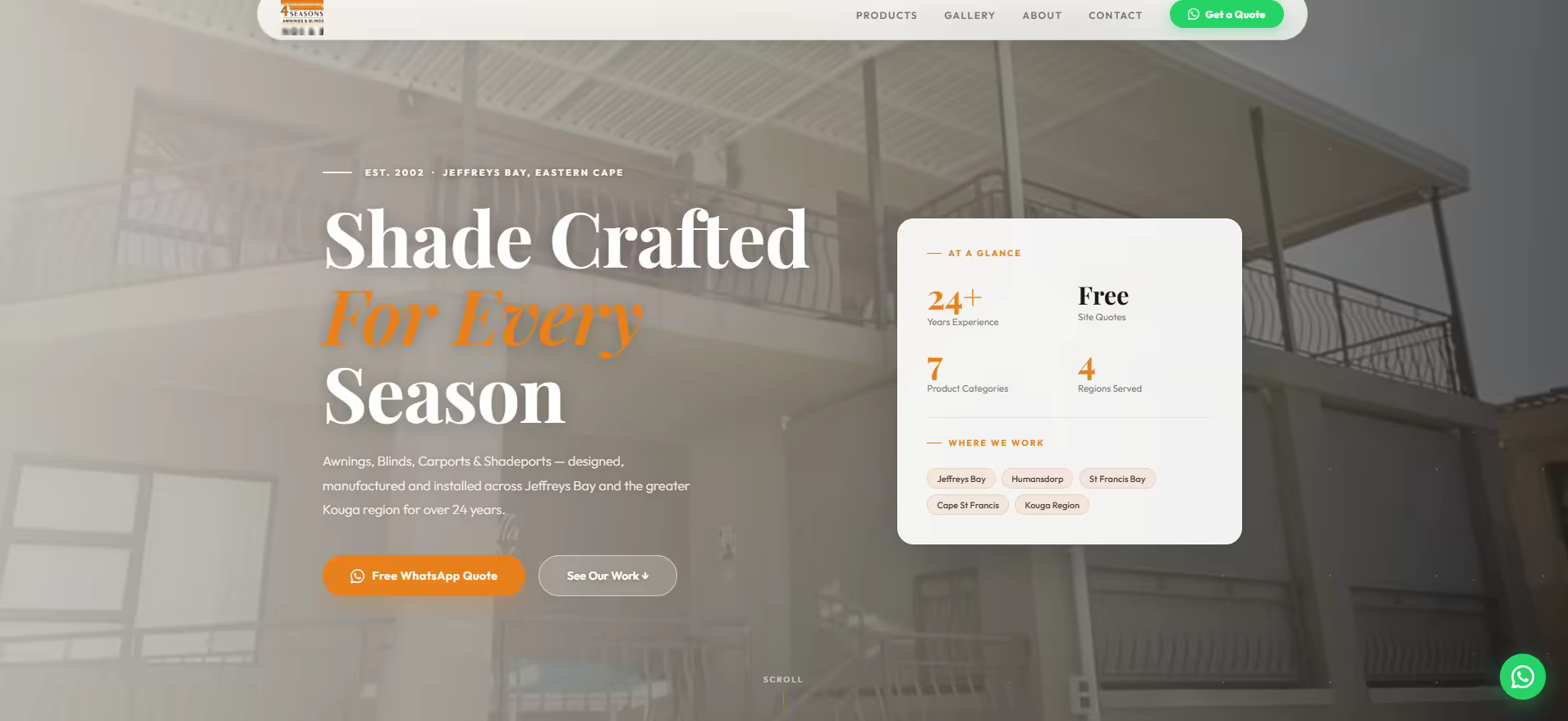 4 Seasons Awnings website screenshot — warm orange hero with awnings photography